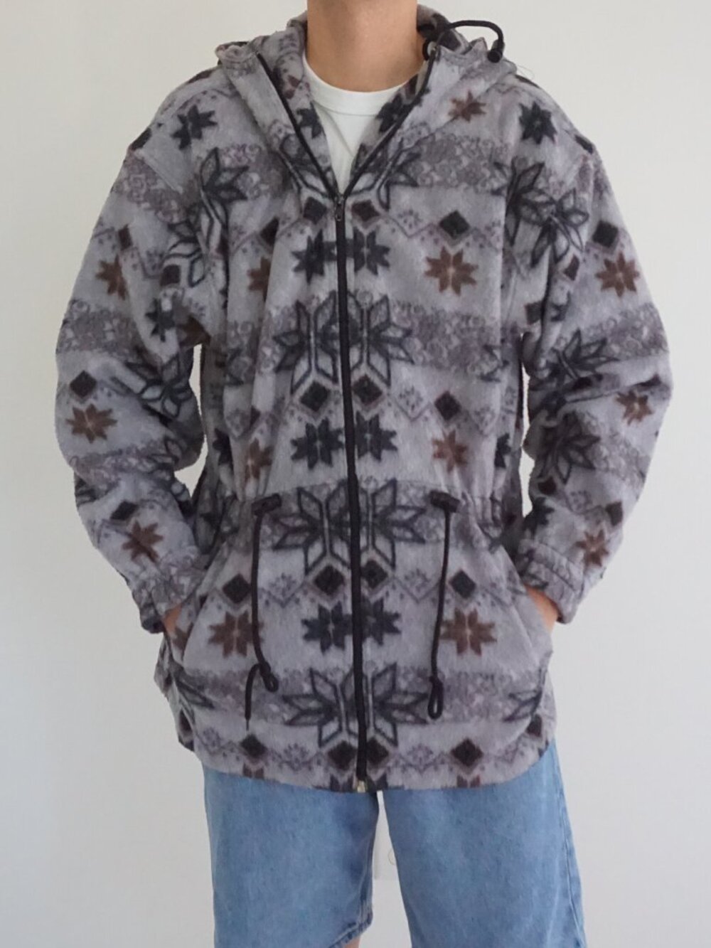 Vintage Cabin Creek Grey Brown Snowflakes Nordic Geometric Full Zip Sweater M